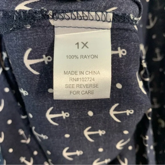 GRAND & GREENE Navy Long Sleeve Anchor Print Blouse Sz 1X - Picture 9 of 9